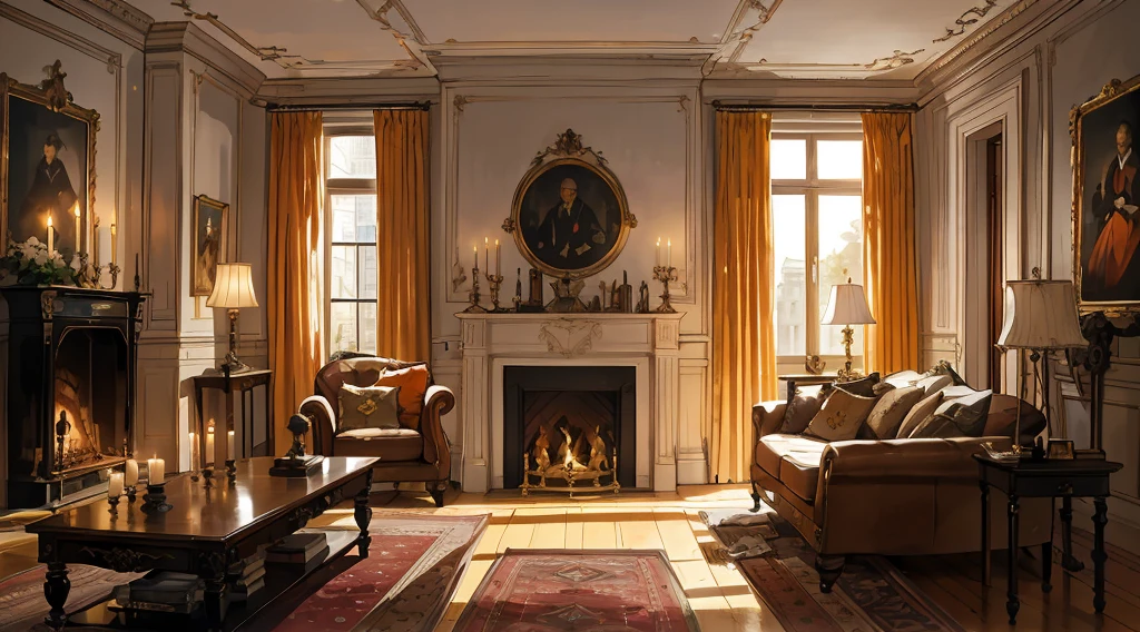 (best quality,masterpiece:1.2,detailed details,4k),Middle Ages, a gorgeous mafia boss's office,,Interior, victorian Manor with reliquies, (((Nigth))), (((moonligth enters the living room))) soft pale orange palette, soft secundary exterior ligth