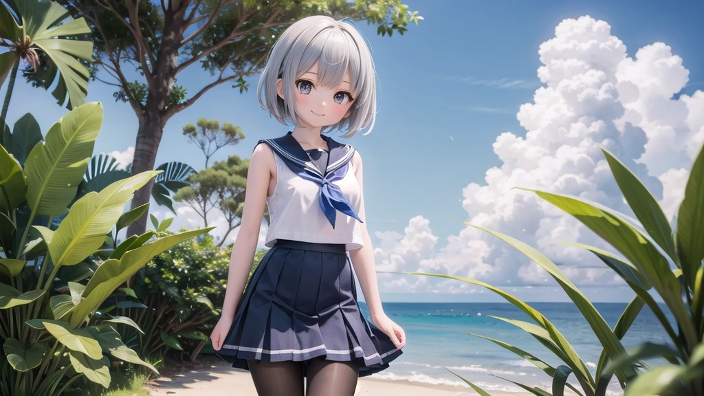 wallpaper, Clear face, (masterpiece), town, blue sky, One Girl, Place the person on the right, smile, alone, Sailor suit、Long skirt, Overgrown, petal, plant、Skirt lining、White slip、nostalgic、Grey pantyhose、I can see the ocean in the distance, Crotch close-up