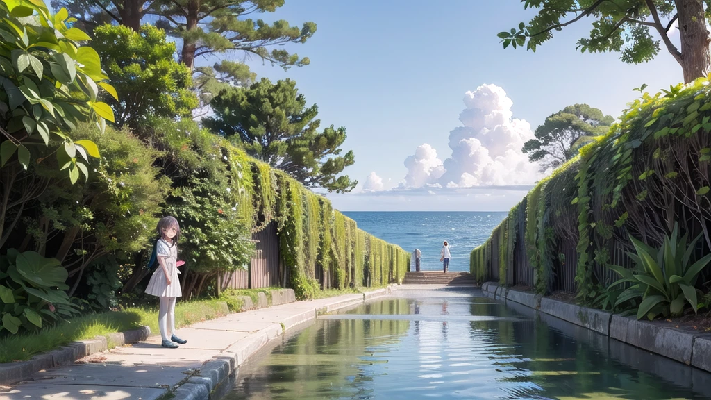 wallpaper, Clear face, (masterpiece), town, blue sky, One Girl, Place the person on the right, smile, alone, Sailor suit、Long skirt, Overgrown, petal, plant、Skirt lining、White slip、nostalgic、Grey pantyhose、I can see the ocean in the distance, Crotch close-up