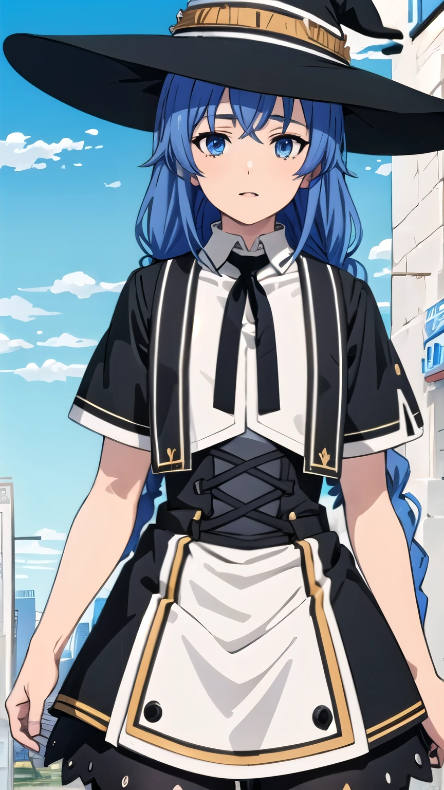 Masterpiece, top quality, best quality, official art, beautiful and aesthetic, anime, 1girl,extremely detailed, colorful, more detailed ((ultra-detailed)), (highly detailed CG illustration),twin braids, long hair, blue hair, blue eyes,white dress, neck ribbon, black ribbon, black skirt, witch hat, black hat
