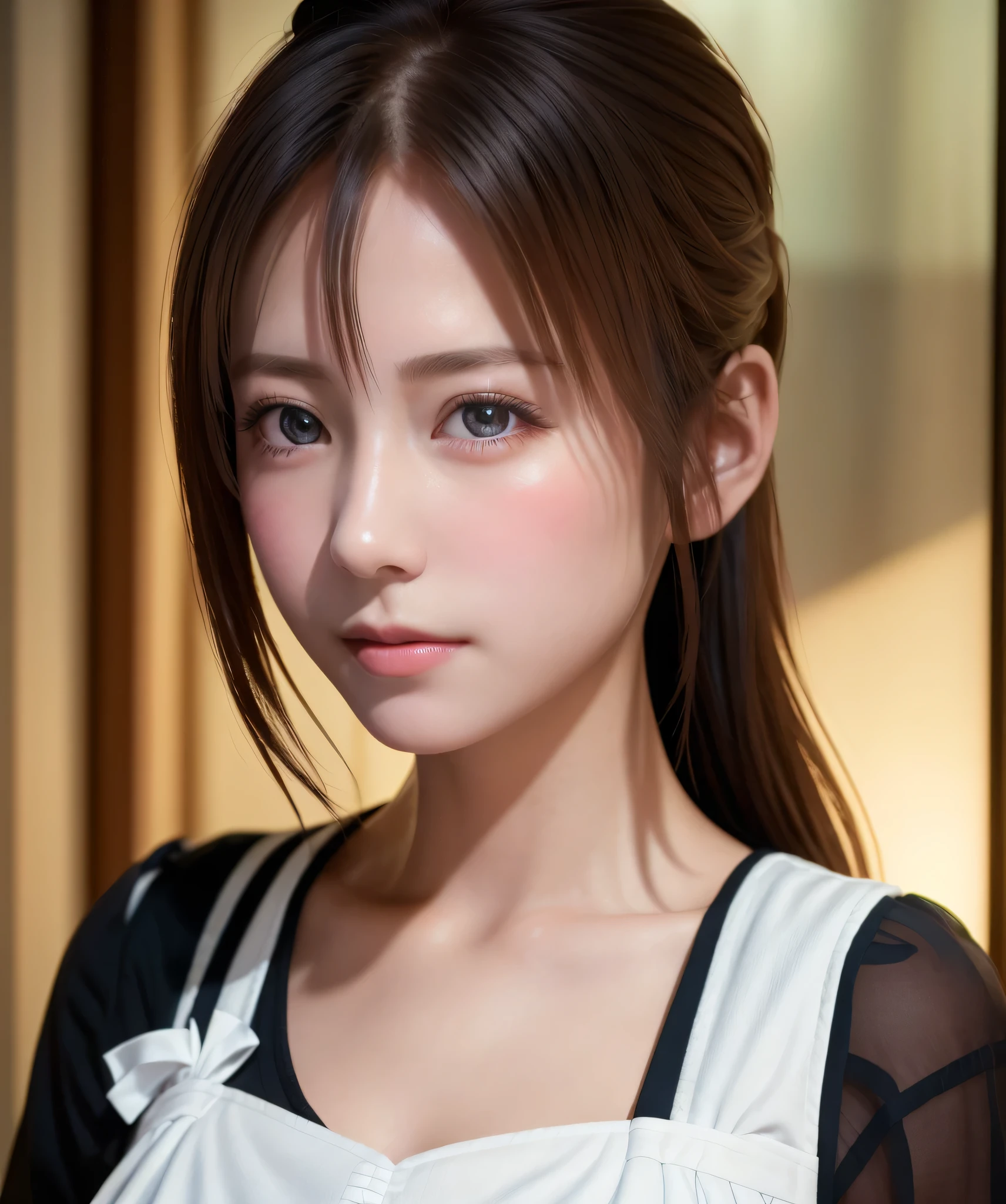 8K, of the highest quality, masutepiece:1.2), (Realistic, Photorealsitic:1.37), of the highest quality, masutepiece, Beautiful young woman, Pensive expression,、A charming、and an inviting look, Cute Maid Clothes, Hair tied back, Cinematic background, Light skin tone