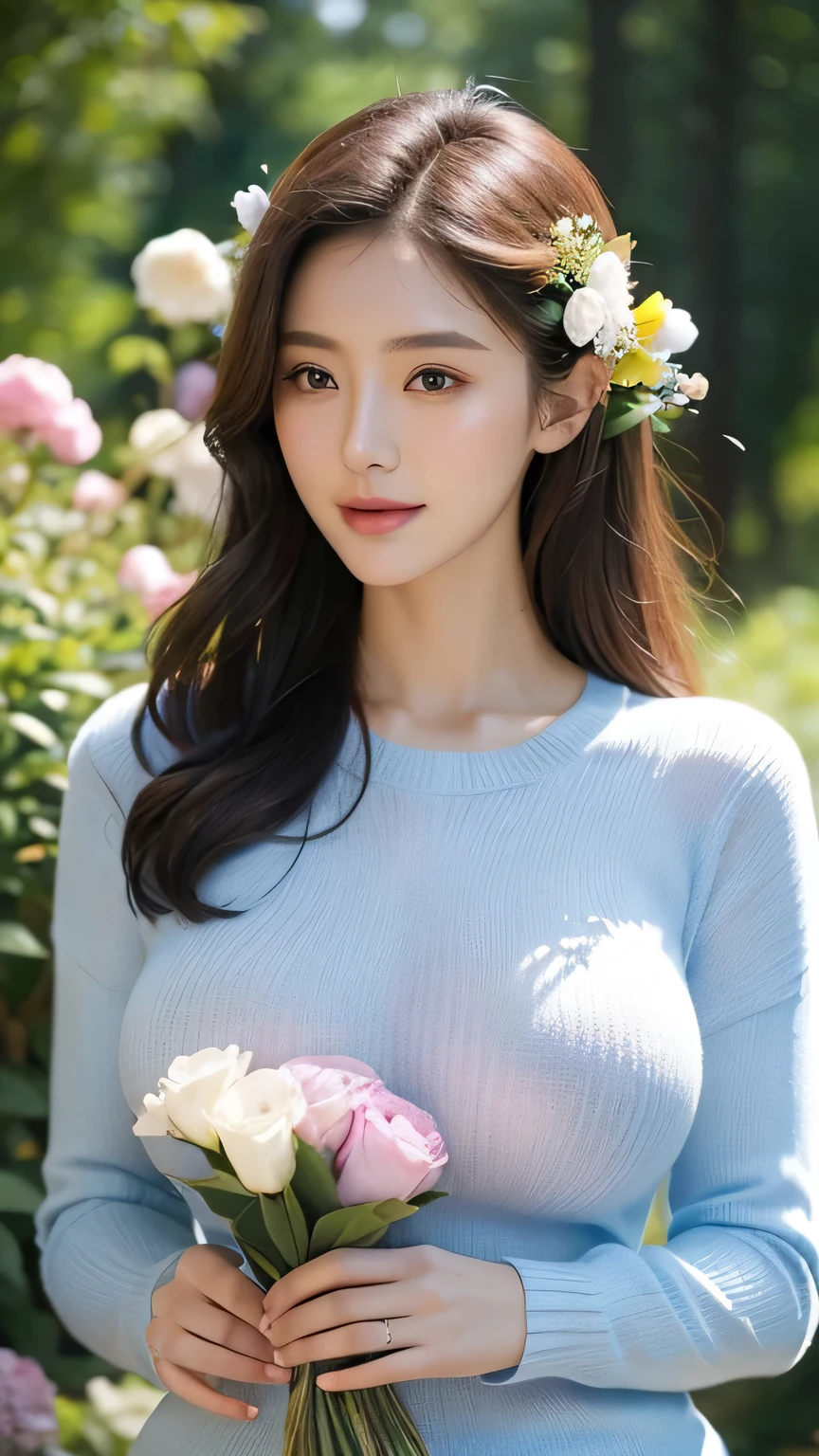 Woman in light blue knitted sweater, holding a bouquet of flowers, in the flowers, smiling, woods background, gorgeous Leo goddess, tall and thin beauty goddess, beauty goddess, Kim Hyun Joo, gorgeous young woman, beautiful woman, real queen of the sea photo, beautiful elf girl, Gucci goddess, Venus goddess, with goddess figure, delicate face, perfect proportions, curvy, big breasts, D cup, plump beauty, big breasts, round breasts, huge breasts, curves, big breasts, D cup, plump, big breasts, round breasts, big breasts,