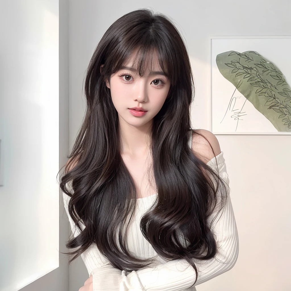Long curly black brown hair,The background is simple and clean