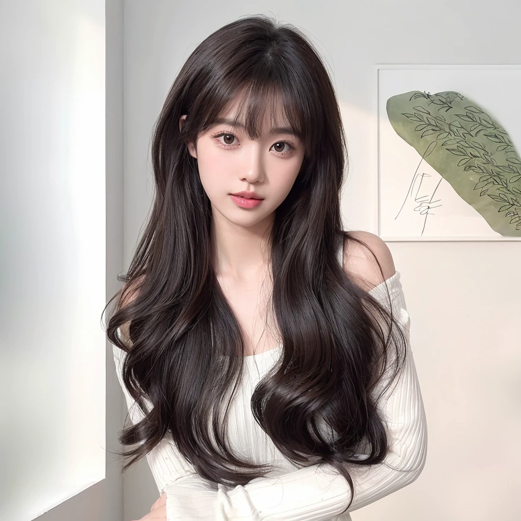 Long curly black brown hair,The background is simple and clean