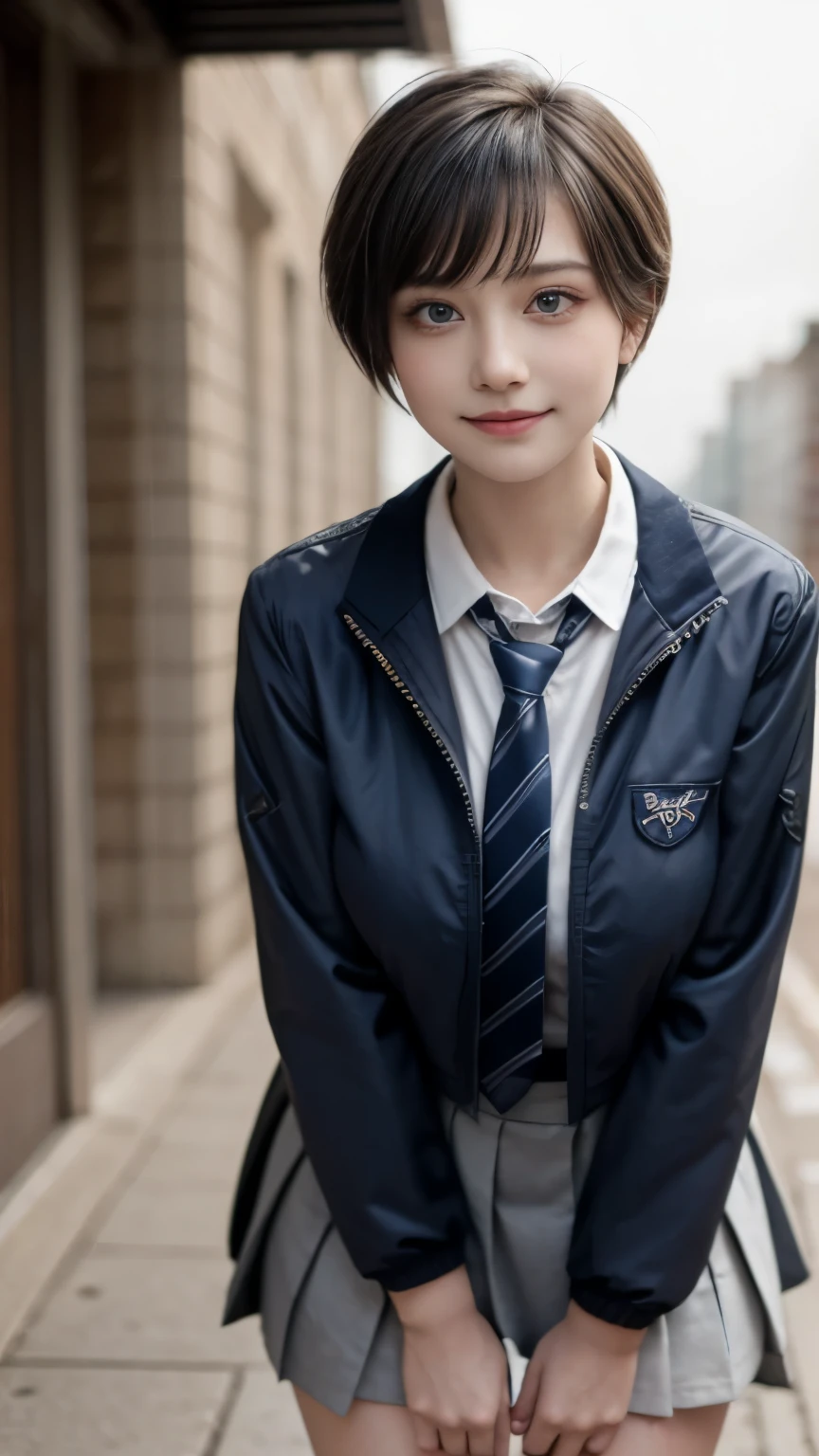 (masterpiece:1.2, highest quality), (Realistic, photoRealistic:1.4), Beautiful illustrations, (Natural Side Lighting, Cinema Lighting), Browsing Caution, 
View your viewers, Cowboy Shot, Front view:0.6, 1 girl, high school girl, Perfect Face, Cute and symmetrical face, Shiny skin, (Gloss Lip、Gloss Face、Gloss Eye), 
(short hair:1.5, Pixie Cut:1.4, Blonde), Pin your bangs back, Red eyes dark eyeliner、False eyelashes、Long Eyelashes, (Large Breasts:0.6, Slender body), 
Beautiful Hair, Beautiful Face, Beautiful fine details, Beautiful clavicle, Beautiful body, Beautiful breasts, Beautiful thighs, Beautiful feet, Beautiful fingers, 
(((Navy jacket), White collared shirt, Grey pleated mini skirt, Navy Socks, Brown Loafers, Red tie)), 
(Beautiful views), , Are standing, wave hands, (Half an eye, Cute smile, Upward glance), 