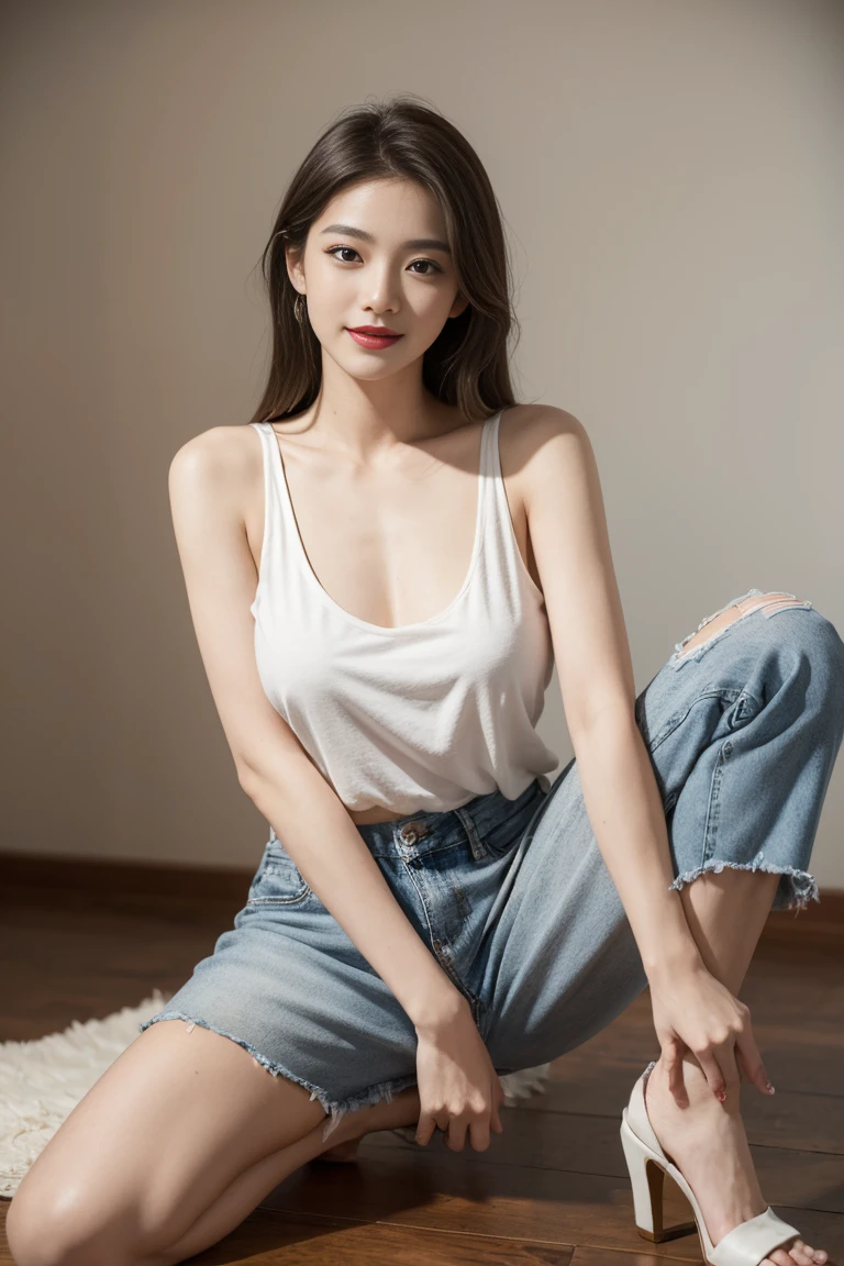 Highest quality, realistic, Excellent details, exquisite, high resolution, 8k wallpaper, 1 beautiful woman, full body, light brown messy hair. full picture: short, Low waisted micro denim skirt, dilapidated, gray, Wrinkles, There are scratches.., and tear. thin, disorganized, A white tank top that was torn and frayed.., ซ่อนหน้าอกthinส่วนของเธอ, โชว์หัวนมthinส่วน.. Revealing her  and nippleseauty, sexy belly., เน้าอกเล็กและอกเปลือยthinส่วน. Open and lift your legs to reveal your underwear..., Long legs, เซ็กซี่ high heels that wrap around the ankles to below the knees, Sharp focus, Perfect dynamic composition. Beautiful and detailed eyes, beautiful red lips, ผมthin, detailed realistic skin textures, smile, Close-up photo, model&#39;body. Wear gloves for motorcyclists....