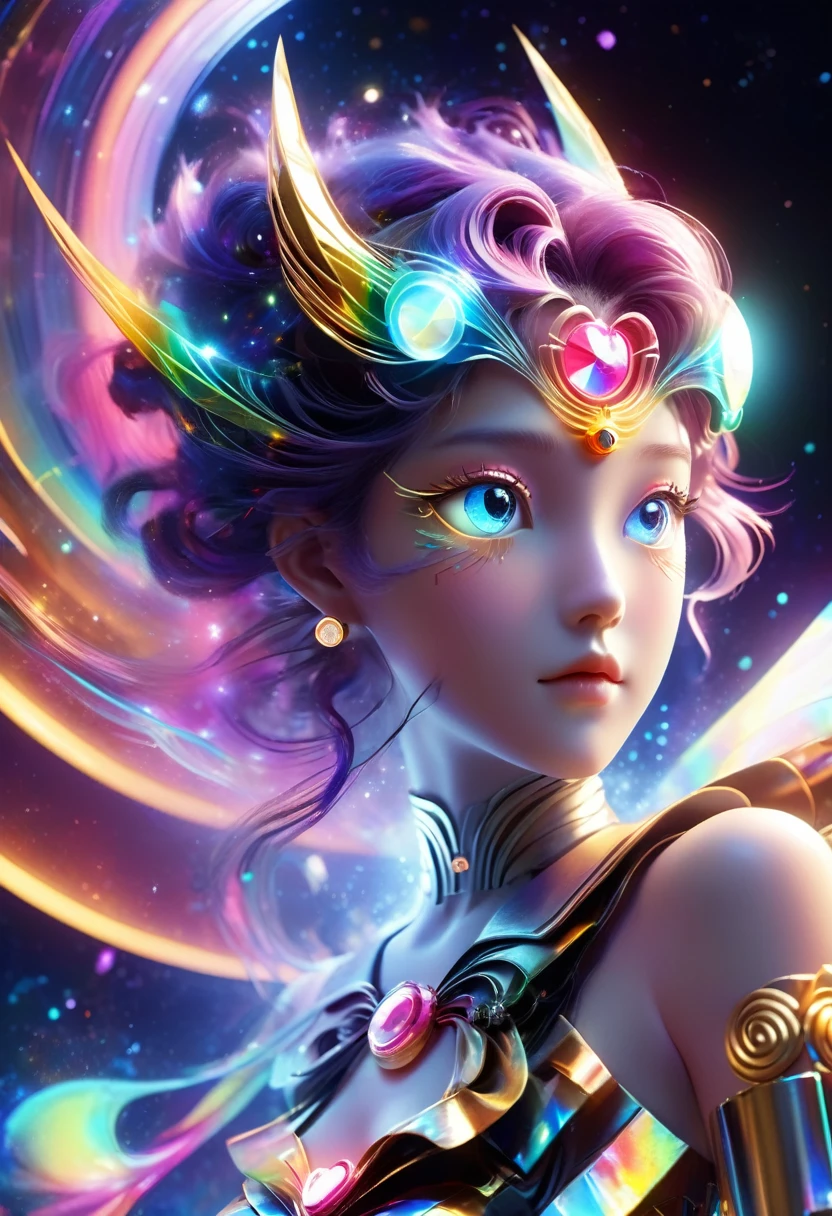 Frontal face, front face, 2D,very cute &References;Sailor Moon&References;(Sailor Moon),Mini Image,Beautiful slim girl in anime style,cyber punk,steampunk,Fault Art,Holographic Projection,Mechanical aesthetics,Ancient,Neon Light,Laser light,fluorescence,Space Light,Glow effect,Intersex Lighting,Rainbow Foil,Unreal Engine,Deep Hybrid Minimalism/マキシマリストの2D点描画スタイル,realistic oil painting/Watercolor style,Cute happy facial expression,Holographic specimen with overlaid shadow,A kaleidoscope of hazy rubies and opals on an onyx background,Diffuse ionospheric reflection,Vibrant rainbow contrast,Inspired by Edgar Degas、Vermeer、a lot、莫奈等大师的masterpiece,Complex to Neon、money、uranium、Details of the Tin Magnetosphere。High Resolution Definition,masterpiece,Extra-large round monochrome eyes,whole body,Big Head Doll,Front view,cute aesthetics,Rich background,Lots of details。