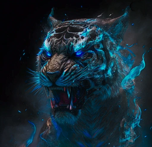 <realistic, intricate details, cinematic), a beautiful ((black  tiger)), with blue flames effects