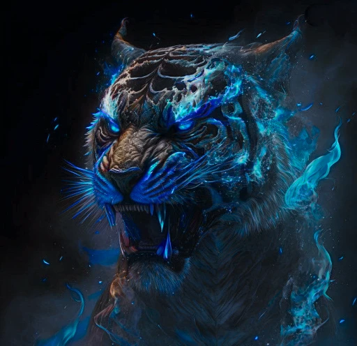 <realistic, intricate details, cinematic), a beautiful ((black  tiger)), with blue flames effects