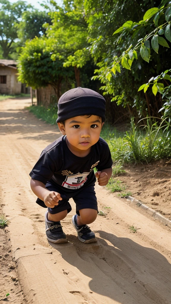 Running compatition with village boy, ground, full, details image