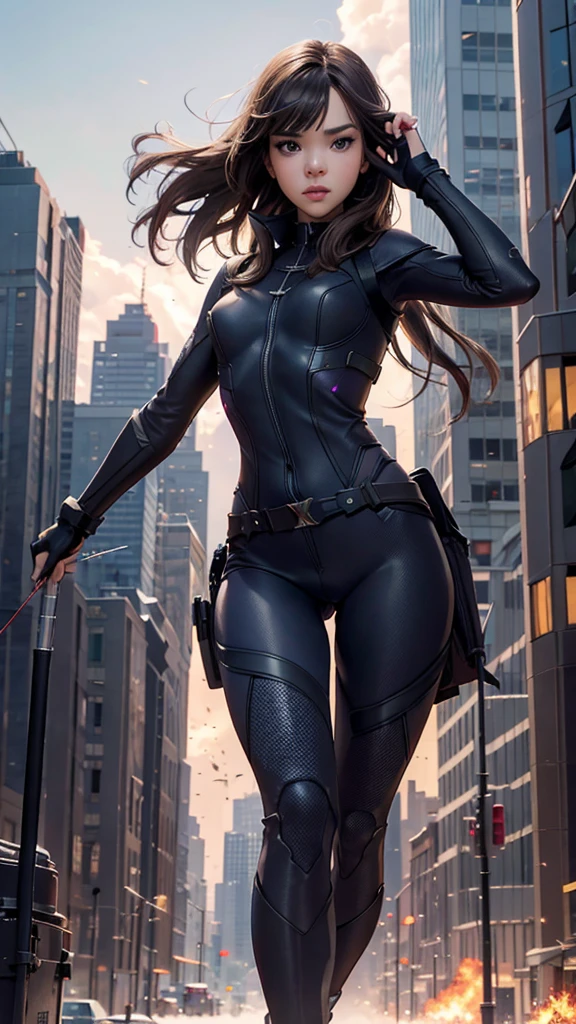 Kate Bishop Hawkeye, (hailee steinfeld), Avengers, marvel multiverse, classic suit, traje de super Hero, Bow and arrows, beautiful, YOUNG, sexy, very thin body, small and beautiful breasts, nalgas pequeñas y beautifuls, toned abdomen, small waist, Hero, powerful, fighting in New York City, very tall buildings, avengers tower building, alien invasion, Explosions, destruction, burning buildings, realist, Excellent quality, 4k, great definition, imagen realist com gran profundidad, Maximum details, 