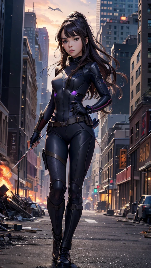 Kate Bishop Hawkeye, (hailee steinfeld), Avengers, marvel multiverse, classic suit, traje de super Hero, Bow and arrows, beautiful, YOUNG, sexy, very thin body, small and beautiful breasts, nalgas pequeñas y beautifuls, toned abdomen, small waist, Hero, powerful, fighting in New York City, very tall buildings, avengers tower building, alien invasion, Explosions, destruction, burning buildings, realist, Excellent quality, 4k, great definition, imagen realist com gran profundidad, Maximum details, 