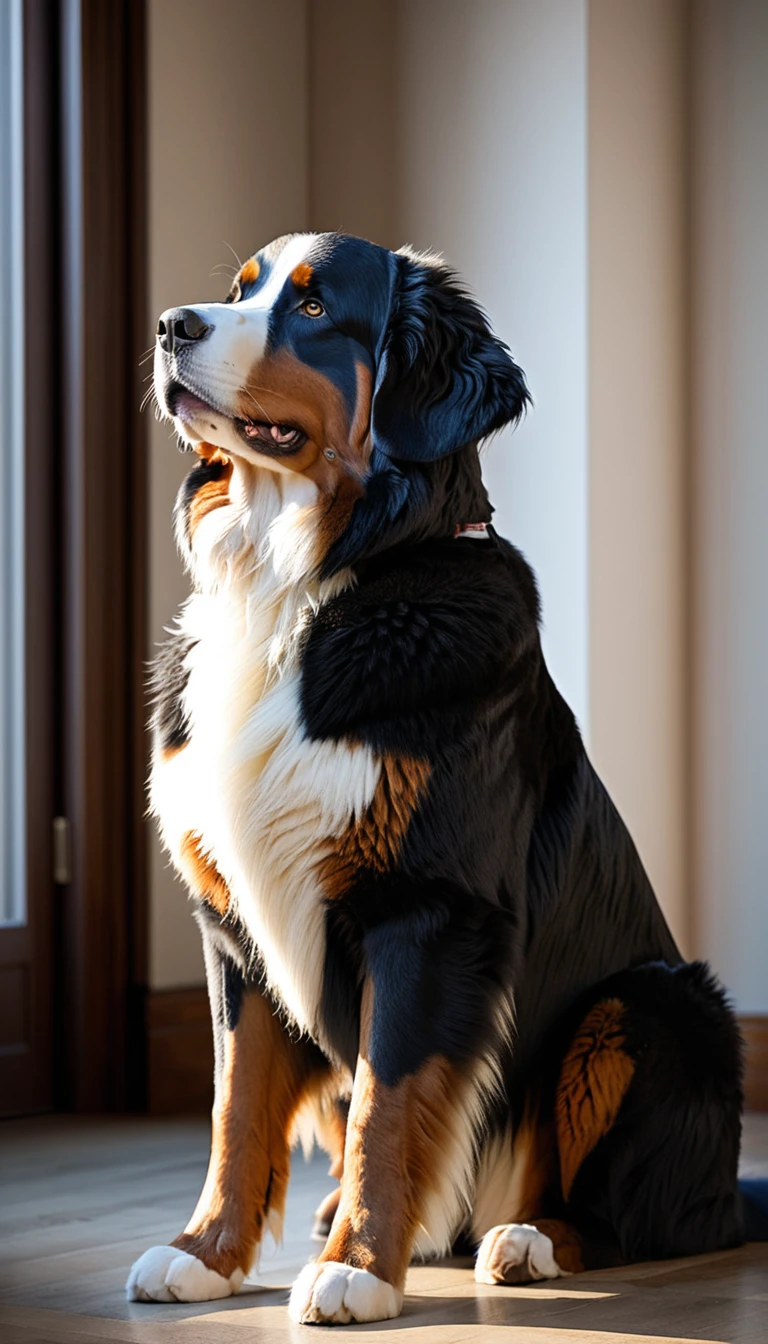 There is no one, realistic photo, photo realism, realism, Bernese Mountain Dog (Bernese Mountain Dog), perfect composition, intricate details, Very sharp, masterpiece, profile, high resolution, looking at the viewer, Full body photo in a comfortable atmosphere indoors