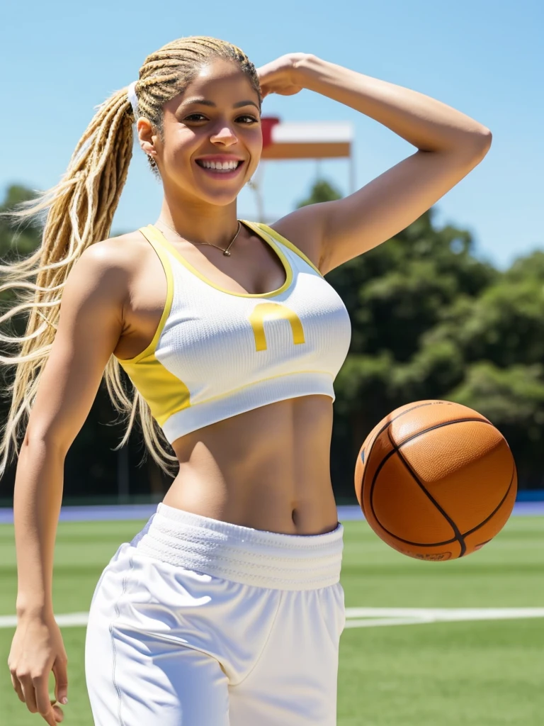 shakira, happy smile, yellow crop top, white pants, straight hair in a ponytail, playing basketball, clear blue sky