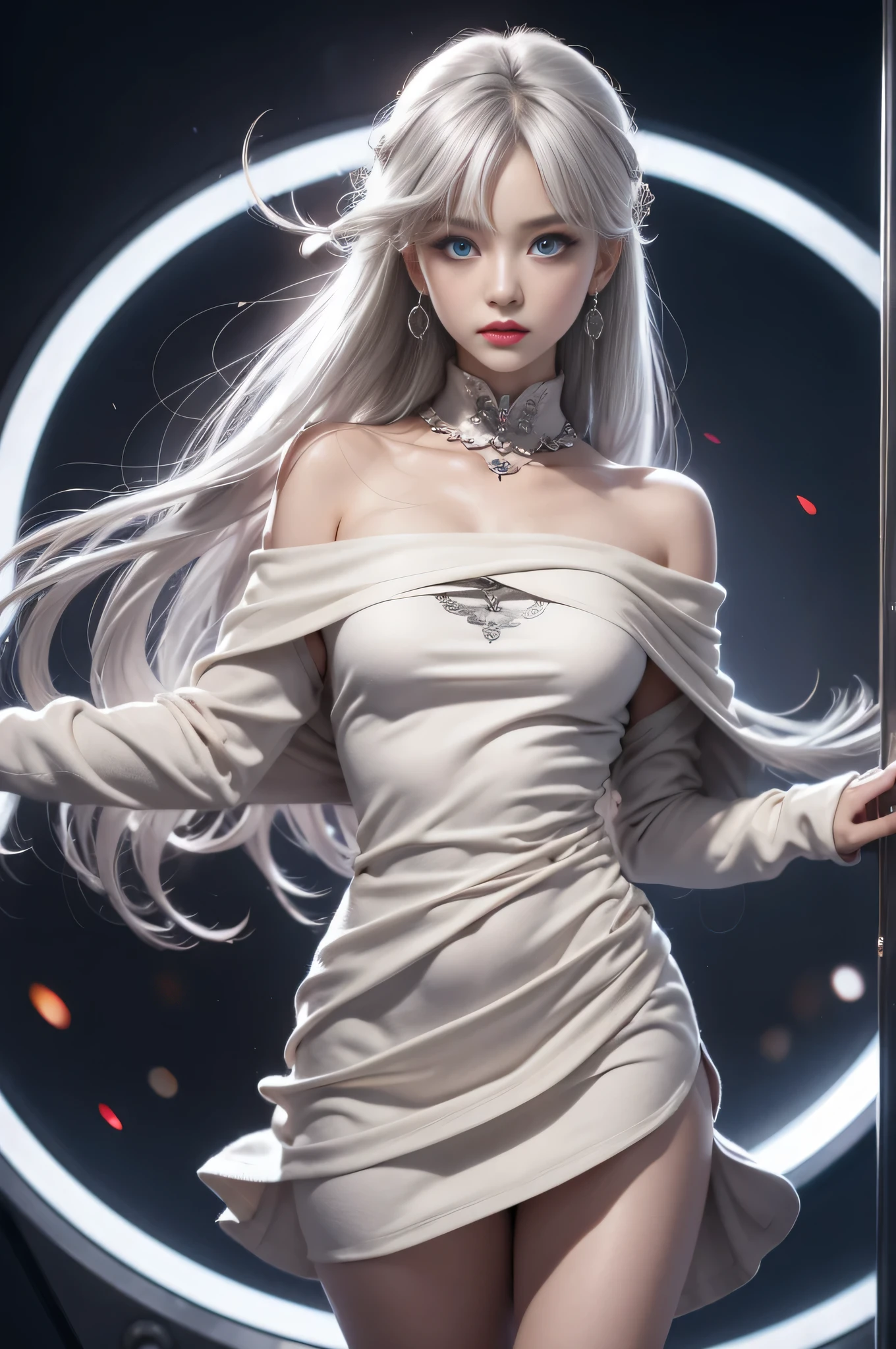 double whirlwind pattern design garment，Iris heterochromatic pupil，silver-haired girl，free high resolution,off shoulders、