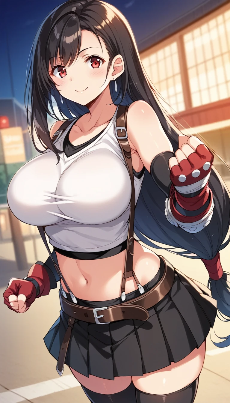 ,1990s_(style),,core_9, score_8_up, score_7_up,score_6, score_5,4k,rating_safe BREAK , (from front.from front,(breast focus:),standing,straight-on,(fist),,(upperbody),looking_at_viewer ,1girl, tifa lockhart, final fantasy, tareme,black hair, low-tied long hair, red eyes, bangs, (white tank top, belt, pleated skirt, thighhighs, elbow fingerless gloves, elbow pads, midriff, navel,suspender skirt) ,large_breasts,(light smile),,,Solo,,(daytime and beachside and city),detailed skin,(best quality),(aesthetic,very aesthetic),studio anime,anime,highly detailed,super fine illustration,anime screencap ,sharp focus,depth of field,,professional lighting,cinematic lighting