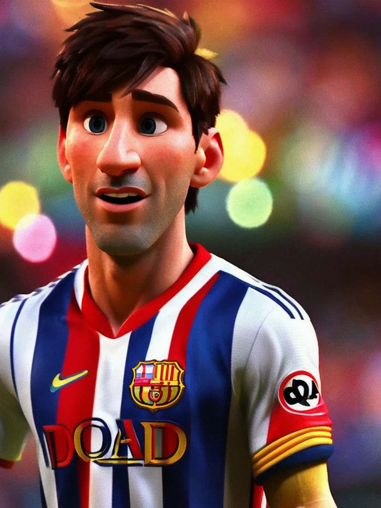 Lionel Messi, (pixar style) (masterpiece:1.2) (bokeh) (best quality) (detailed skin) (detailed texture) (8k) (claymation) (cinematic lighting) (sharp focus