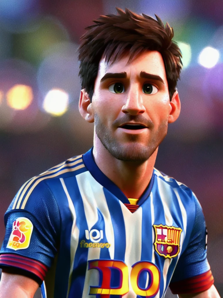 Lionel Messi, (pixar style) (masterpiece:1.2) (bokeh) (best quality) (detailed skin) (detailed texture) (8k) (claymation) (cinematic lighting) (sharp focus