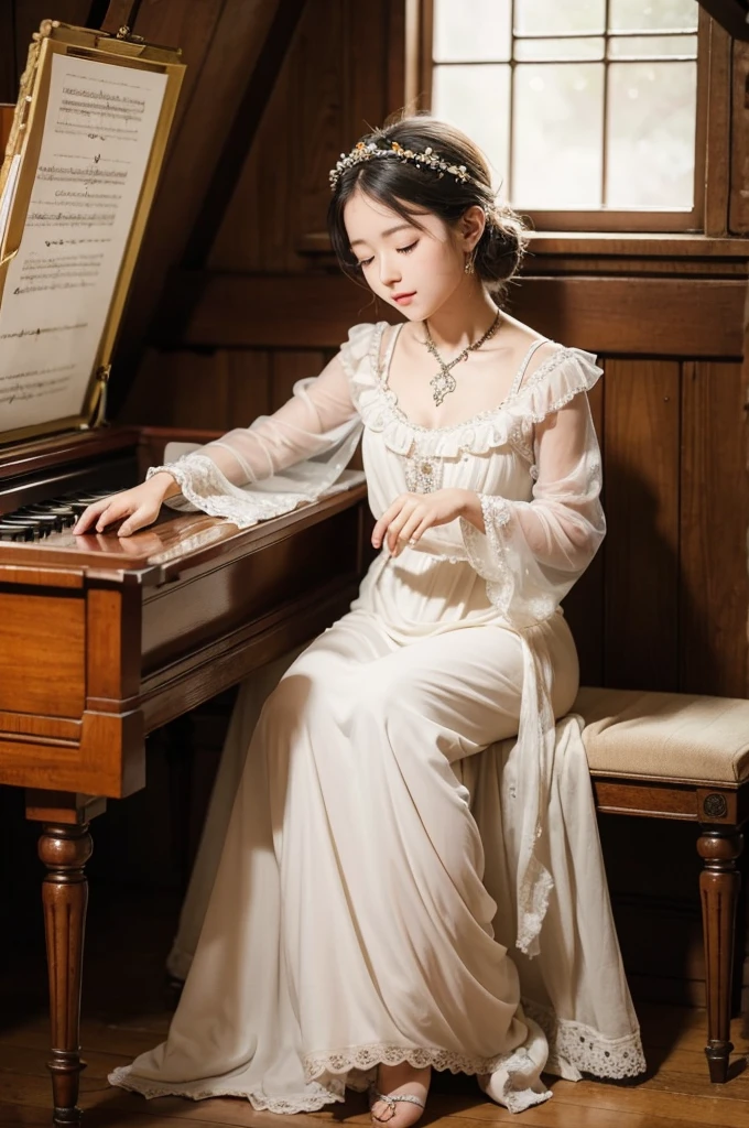 "A young musician sits cross-legged on the floor of her grandmother's attic, surrounded by dusty boxes and old furniture. In her hands, she holds a beautiful, ornate music box passed down to her from her grandmother. As she opens the music box, a soft, ethereal light emerges, enveloping her in a warm glow. In the light, she sees visions of her grandmother's youth, a vibrant world filled with music, dance, and dreams. Inspired by these visions, the young musician closes her eyes and begins to play, filling the attic with the enchanting melody of the music box."