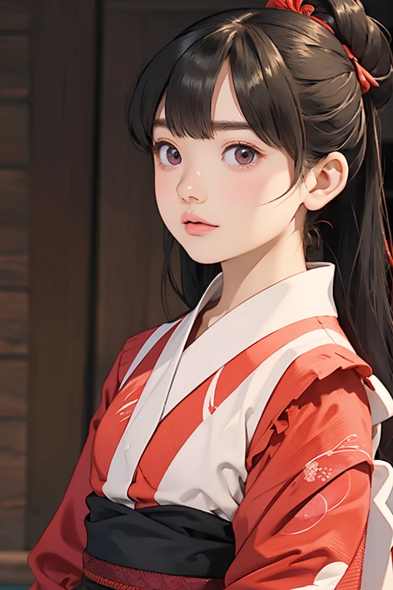 Japanese Girl、Edo Period、Illustration、anime、(kimono、Hana Katsumi、A vivid combination of vermilion and maroon、The obi is dark green with silver thread embroidery of a hail pattern.)(A peach-colored topknot with a red coral ball hairpin)、17Year old girl、Embarrassing、Downcast eyes、Pale pastel paintings