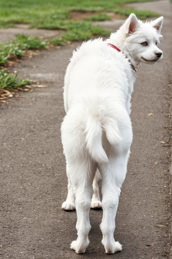 A little furry white dog turning his back 