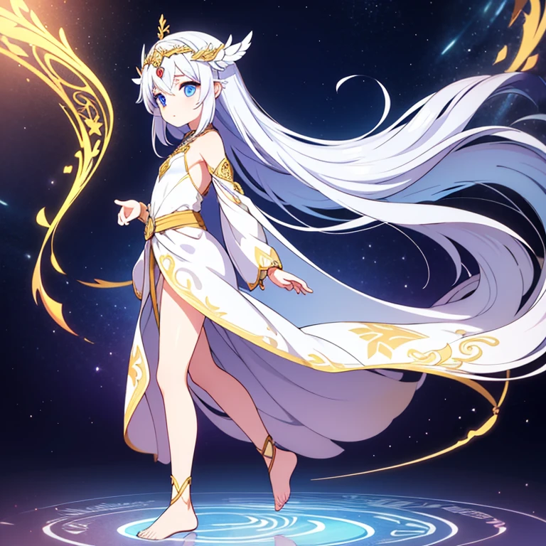 Body: Albalis has a lithe, humanoid form with skin that is a flawless, pristine white. Its entire body seems to emit a soft, gentle glow, giving it an almost ethereal appearance.
Hair: Its hair is long and flowing, cascading down its back in silky waves of pure white. The hair shimmers faintly, adding to its otherworldly presence.
Eyes: Albalis's eyes are a brilliant, light silver, with an inner glow that radiates calmness and wisdom. They are large and expressive, reflecting a deep sense of peace.
Clothing: It appears to be wearing a flowing, robe-like garment that drapes elegantly over its body. The robe is adorned with intricate patterns of silver and gold, resembling ancient runes or celestial symbols.
Accessories: Albalis wears a delicate, silver circlet on its forehead, and its wrists and ankles are adorned with matching silver bangles that emit a soft, chiming sound with every movement Full body, beautiful eyes , 1 girl