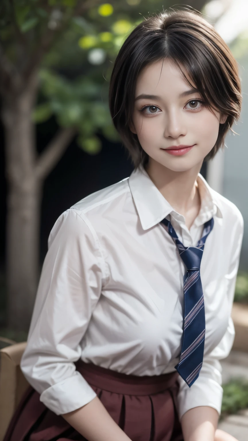 (masterpiece:1.2, highest quality), (Realistic, photoRealistic:1.4), Beautiful illustrations, (Natural Side Lighting, Cinema Lighting), Browsing Caution, 
View your viewers, Cowboy Shot, Front view:0.6, 1 girl, high school girl, Perfect Face, Cute and symmetrical face, Shiny skin, (Gloss Lip、Gloss Face、Gloss Eye), 
(short hair:1.5, Pixie Cut:1.4, Blonde), Pin your bangs back, Red eyes dark eyeliner、False eyelashes、Long Eyelashes, (Large Breasts:0.6, Slender body), 
Beautiful Hair, Beautiful Face, Beautiful fine details, Beautiful clavicle, Beautiful body, Beautiful breasts, Beautiful thighs, Beautiful feet, Beautiful fingers, 
 White collared shirt, Grey pleated mini skirt, Navy Socks, Brown Loafers, Red tie)), 
(Beautiful views), , Are standing, wave hands, (Half an eye, Cute smile, Upward glance), 