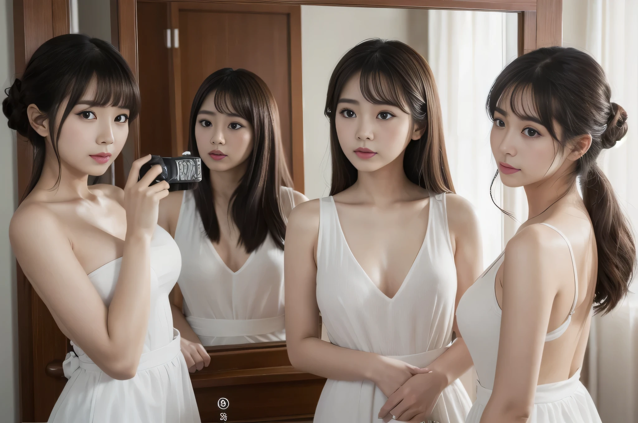 Three Asian women taking a photo in a room, Ulzzang, Three sisters looking in the mirror, 8K)), Popular Korean makeup, Profile picture, beautiful girl, 8K selfie photo, Cute - Nice - Face, Popular Korean makeup, Shision Wu, pretty girl, Korean Girls, avatar Profile picture, sakimichan, very high quality, Surreal Realism, Super polished, high quality, 8K resolution, Diverse styles, Exposing shoulders without exposing breasts,