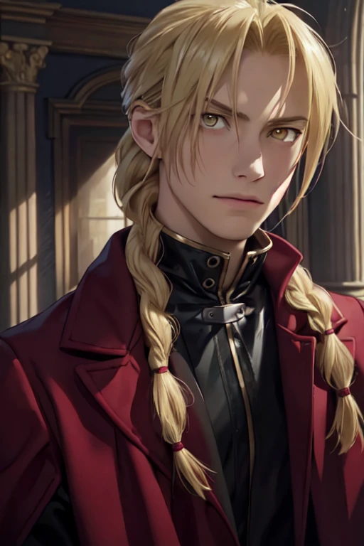 masterpiece, best quality, wallpaper, 1boy, solo, male focus, looking at viewer, realistic, [edward_elric|blonde ikemen] blonde hair, yellow eyes, braid, single braid, braided ponytail, single mechanical arm, 32k resolution, (upper body:1.5), black clothes, red coat