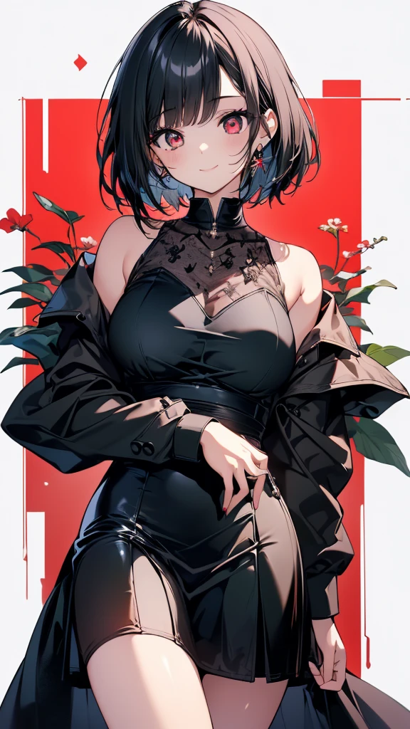 (masterpiece, highest quality, highest quality, (No text), Beautiful and aesthetic:1.2),No text,アニメ、 high resolution BREAK,One Girl,Short black hair Tree Eyes Beautiful eyes Red eyes Cool girl cool smile Red and black costume mini skirt Whole body Detailed eyes and face Night in the city