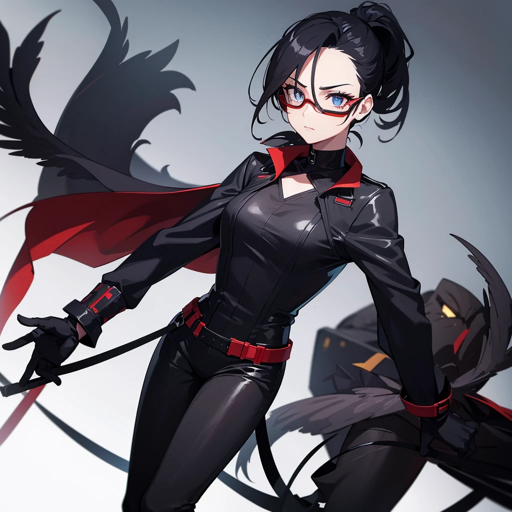 A 34-years-old villain scientist woman with black hair tied in a ponytail and a skinny. There is a scar on the right side of her face. She wears goggles with bright red lenses. She wears a black leather gown and black leather gloves. Under the shirt is a long-sleeved gray shirt and black straight-legged pants. She has hawk-like eyes.