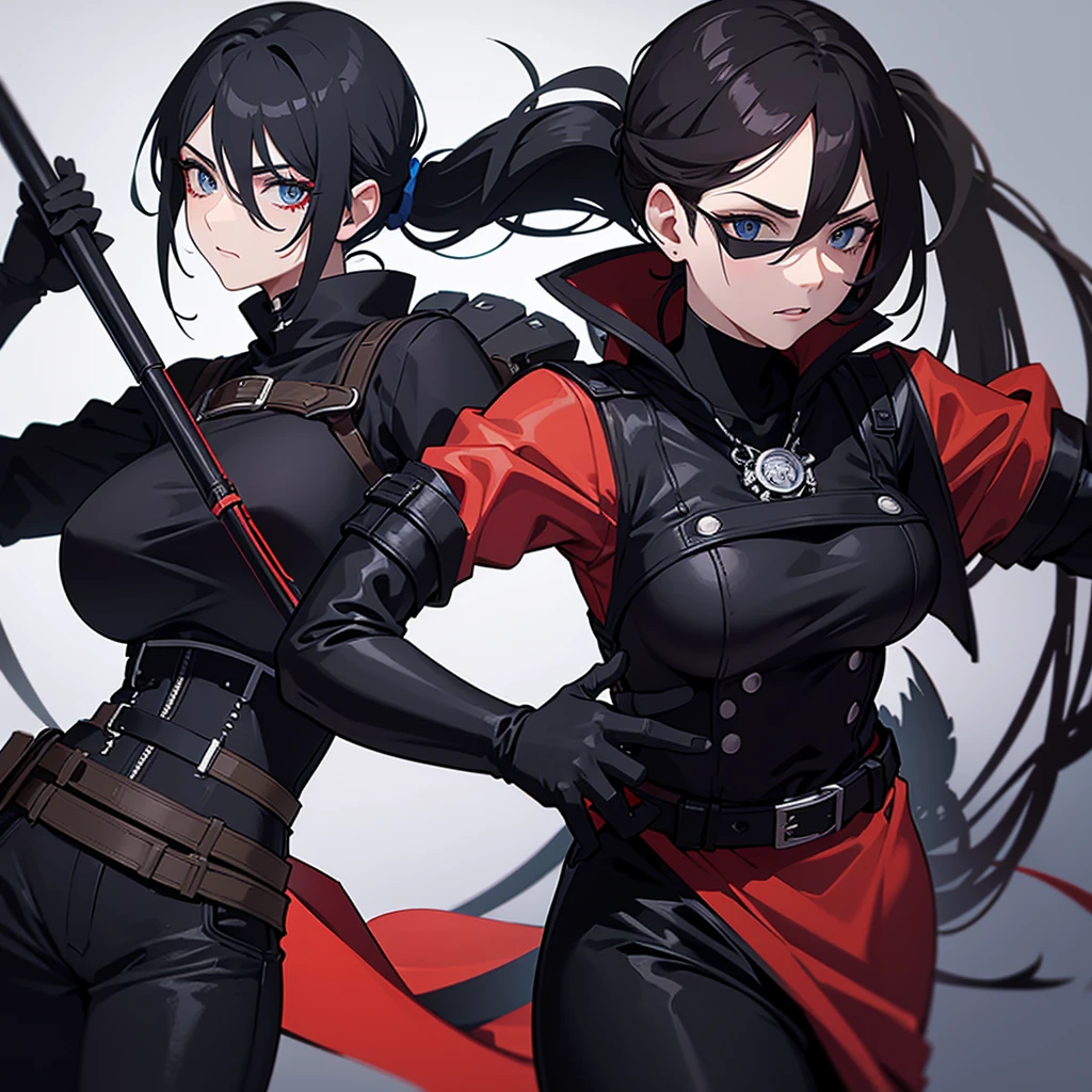 A 34-years-old villain scientist woman with black hair tied in a ponytail and a skinny. There is a scar on the right side of her face. She wears goggles with bright red lenses. She wears a black leather gown and black leather gloves. Under the shirt is a long-sleeved gray shirt and black straight-legged pants. She has hawk-like eyes.
