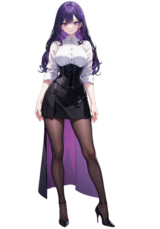 Purple Hair,Long Hair,Adult female,White Y-shirt,((Roll up her sleeves)),(corset),(Black tight skirt),(High heels),((A simple, blank white background)),smile,((full body)),((whole body)),