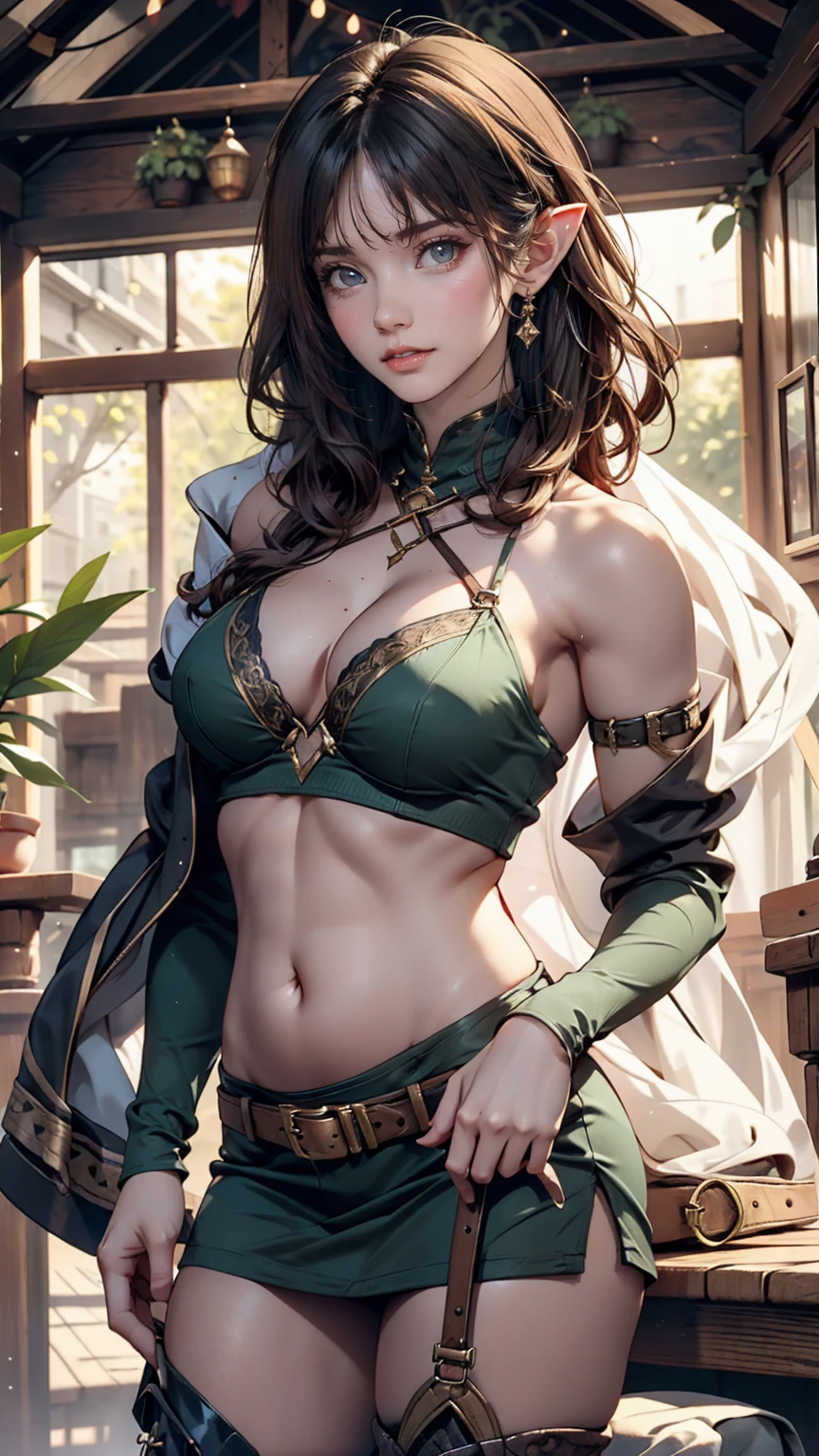 24-year-old elf woman、Wear a green one-shoulder top、Lower milk visible、I can see my belly button、Toned body、Narrow waist、Wear a miniskirt、Wear long boots、Fantasy Archer Outfit