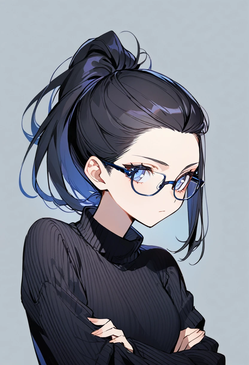 1girl, black hair colour, long ponytail hair, Blue eyes, Blue eyeliner, black High nec ksweater,pulled back hair ,full of confidence,upper body,simple background,Expressionless,glasses,bangs on one side,crossed arms