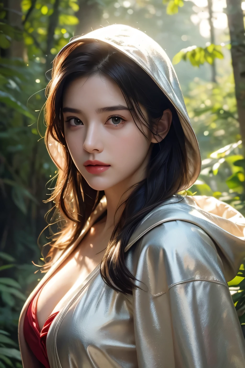 High-quality work，Realistic works，Super premium graphics，8K HD CG works，high quality graphics，High-definition and exquisite CG works，10x pixels，Ultra-fine details：1.1，Advanced technical details：1.1Realistic photo effects，Interior lighting effects：1.5，natural soft light：1.5. Light effect（Virtual light effects：1.8），ultra high resolution，shining dress，sliver long hair，silber hair，transparenthair，high detailed hair（Quality hair details：1.1）Clear eyes，Double eyelids look good，Sharp eye makeup, Create exquisite eyelash makeup, tthin eyebrows, Ultra-detailed eyes，a tall nose, lovely red lips, rosey cheeks, With delicate makeup on her face , pretty face, The face shape is perfectly proportioned,（Advanced facial details：1.1）Close-up portrait of NewLaraCroft in the forest, (backlight), actual, masterpiece, best quality, ((red hooded cloak)), ((scared )), lens flare, shadow, bloom, (( flash)), [Color difference], go through Jeremy Lipking, go through Antonio J. manzanedo, go through (Alphonse Mucha), number，Women's artwork，Dress full body video，Realism，Amazing ，My eyes are very bright today
