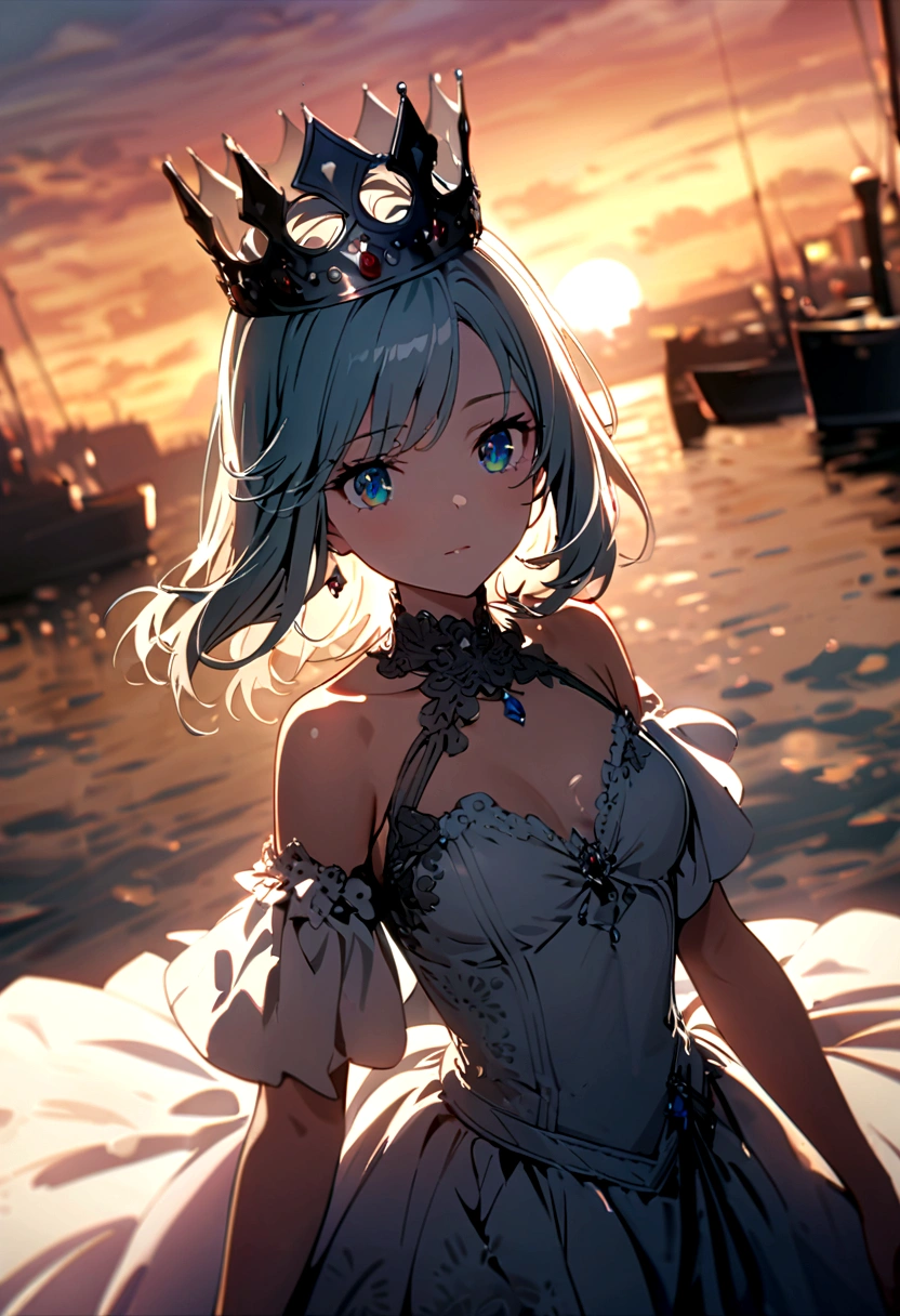 Medium shot, Medium shot, Depth of Field, Break, Upper Body, angle, masterpiece, best quality, Very detailed, CG, 8k wallpaper, Pretty Face, Exquisite eyes, Queen, crown, Elegant dress, Sunset, 中世纪port, port, Delicate water surface, Sun reflection