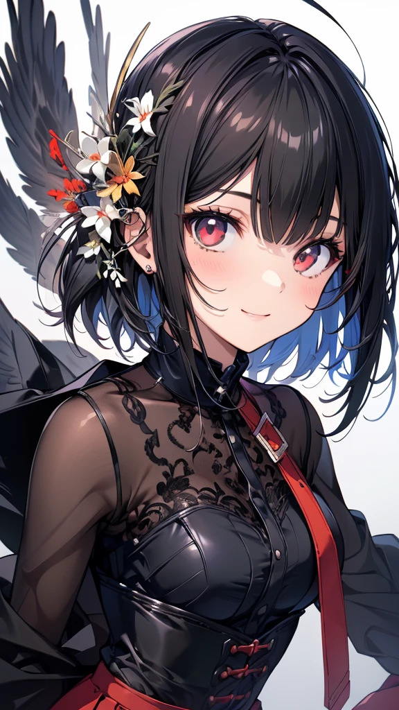 (masterpiece, highest quality, highest quality, (No text), Beautiful and aesthetic:1.2),No text,アニメ、 high resolution　BREAK,One Girl，Short black hair　Tree Eyes　Beautiful eyes　Red eyes　Cool girl　cool　smile　Red and black costume　mini skirt　Whole body　Detailed eyes and face　Night in the city
