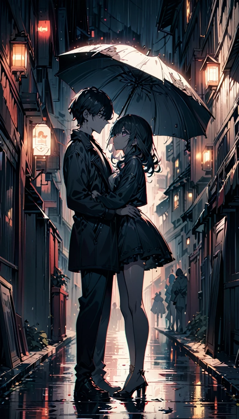 a couple gazing into each other's eyes under a grey-black umbrella on a rainy evening, beautiful detailed eyes and face, intimate romantic full body shot, moody atmospheric lighting, cinematic, dramatic, vibrant colors, high contrast, 8k, best quality, masterpiece