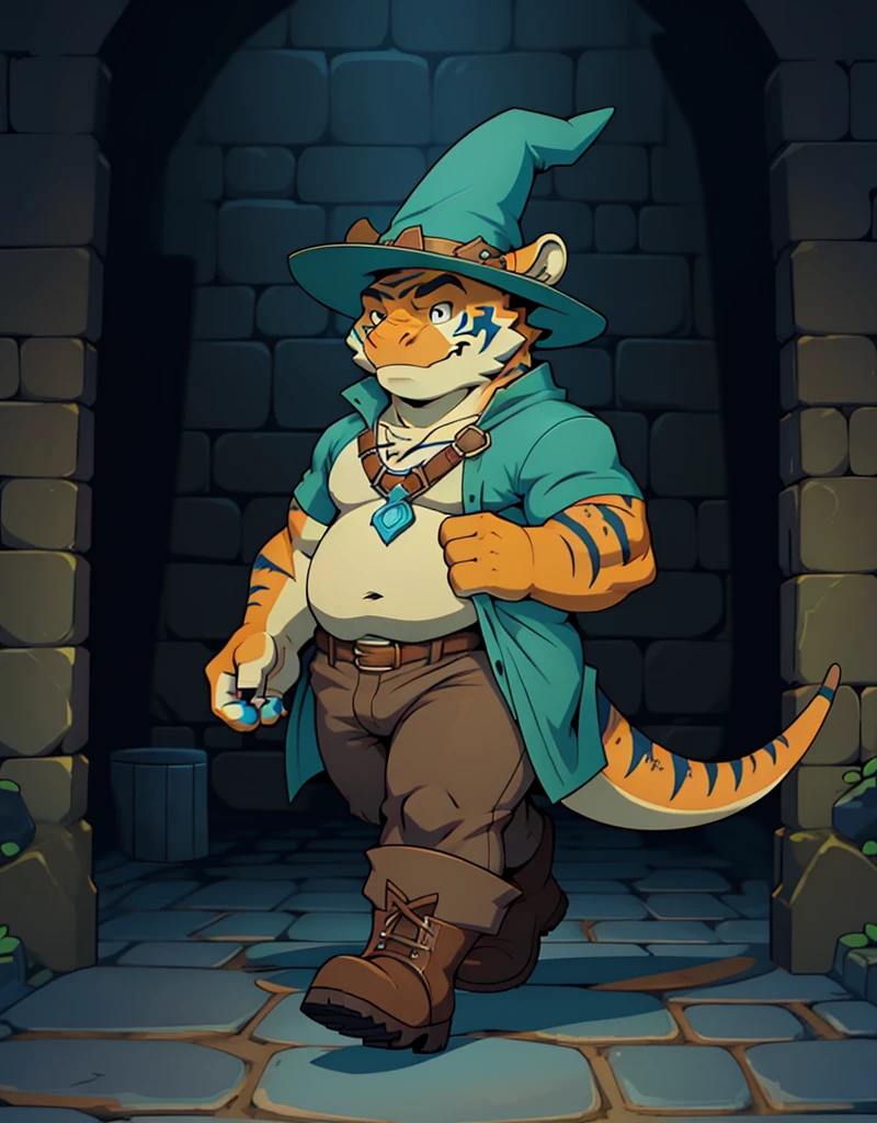 A male chubby anthropomorphic orange lizard with cyan stripes wearing, a sleavless tunic and ,brown pants ,wizard hat, and boots, in a dungeon, walking, solo