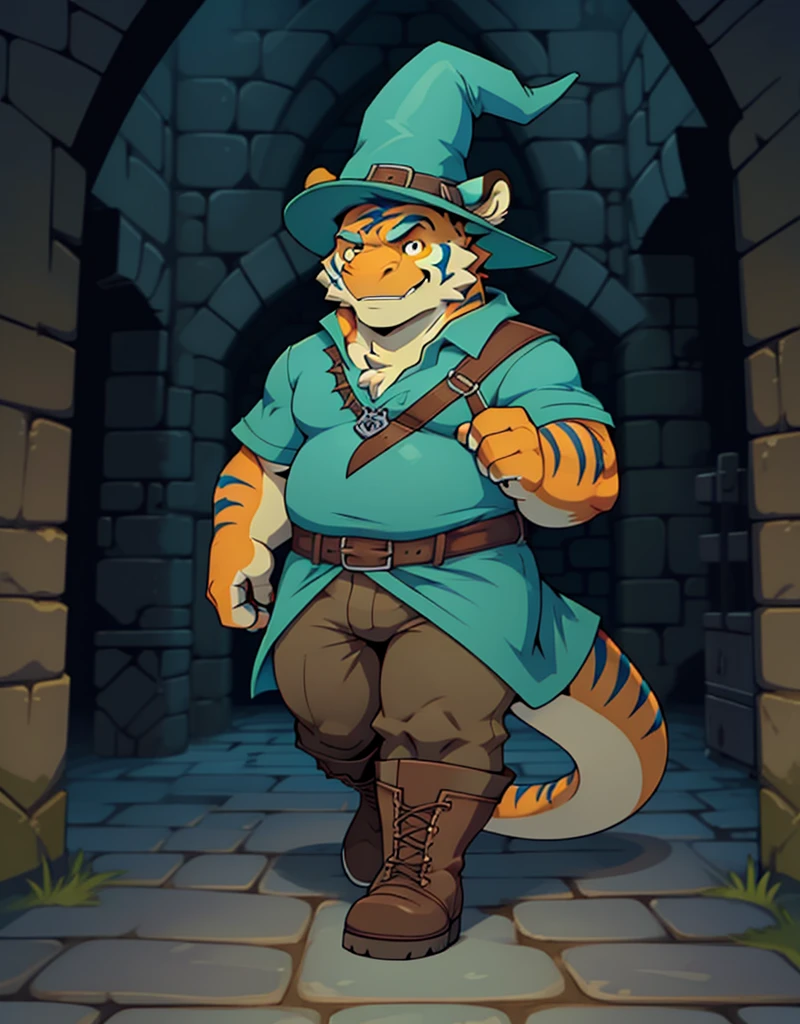 A male chubby anthropomorphic orange lizard with cyan stripes wearing, a sleavless tunic and ,brown pants ,wizard hat, and boots, in a dungeon, walking, solo