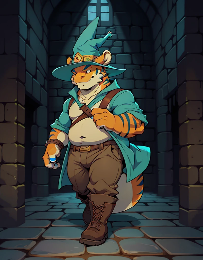 A male chubby anthropomorphic orange lizard with cyan stripes wearing, a sleavless tunic and ,brown pants ,wizard hat, and boots, in a dungeon, walking, solo