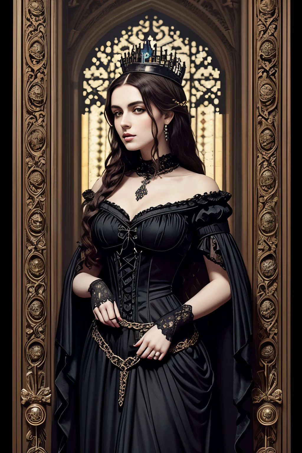 (pixelart: 1.2), beautiful gothic queen, crown, sexy goth girl, hole body, Pre-Raphaelite style, Victorian,