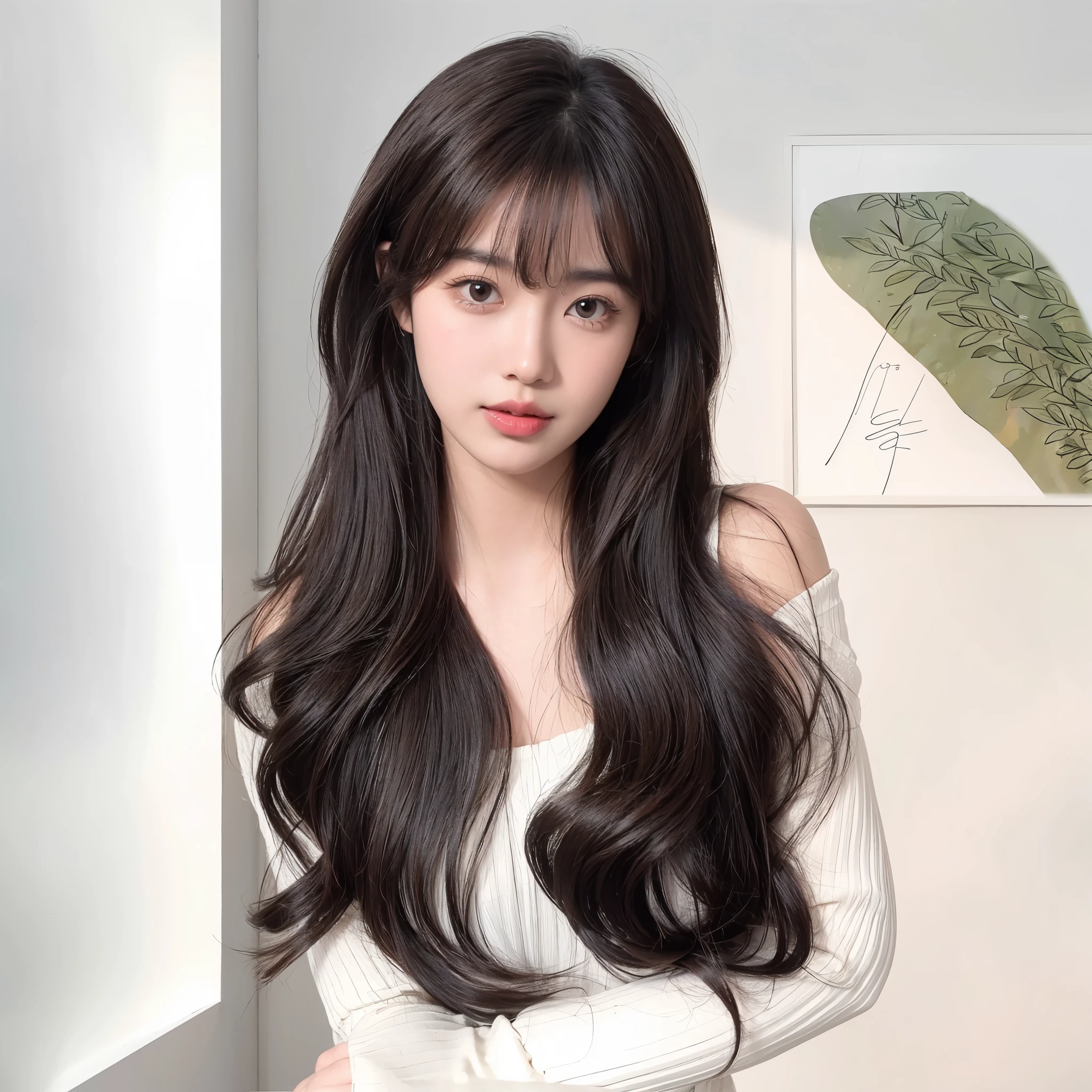 Long curly black brown hair，The background is simple and clean