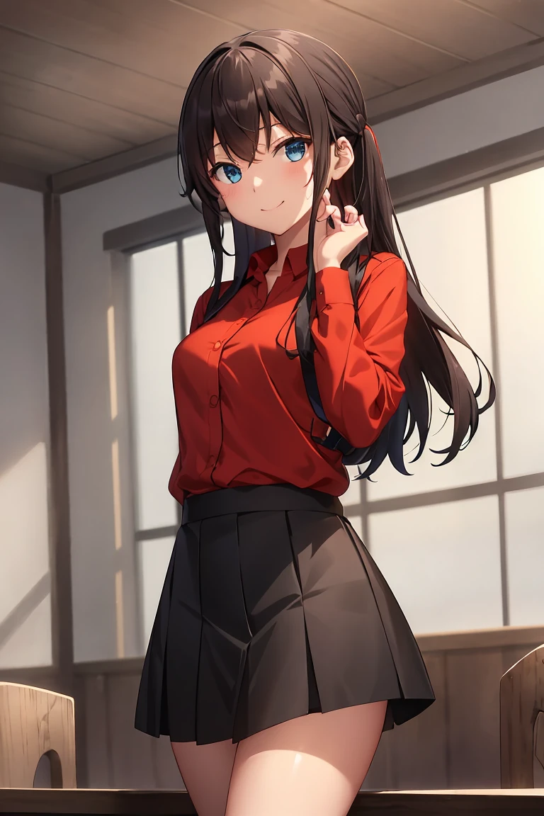 Highest quality, (On the table:1.2), Very detailed,indoor, Rin Harusaka,One Girl, alone, Looking at the audience, from the front, Shut your mouth., smile,Long Hair, Brown Hair, blue eyes,Red Shirt, mini skirt, Black Skirt, Black Companies,(Skirt flip:1.3), (white:1.3)、(Rolled up skirt:1.3)、(Fully exposed:1.5)