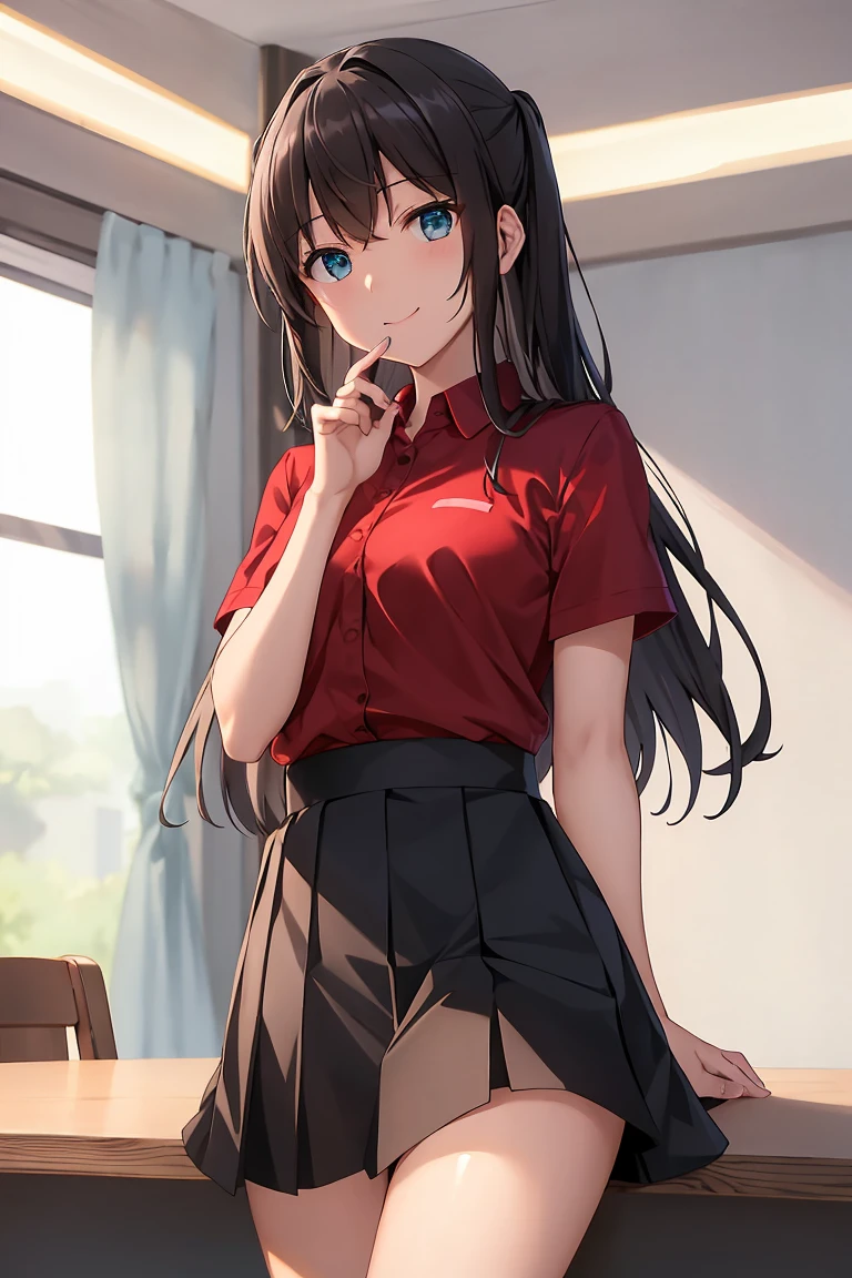 Highest quality, (On the table:1.2), Very detailed,indoor, Rin Harusaka,One Girl, alone, Looking at the audience, from the front, Shut your mouth., smile,Long Hair, Brown Hair, blue eyes,Red Shirt, mini skirt, Black Skirt, Black Companies,(Skirt flip:1.3), (white:1.3)、(Rolled up skirt:1.3)、(Fully exposed:1.5)