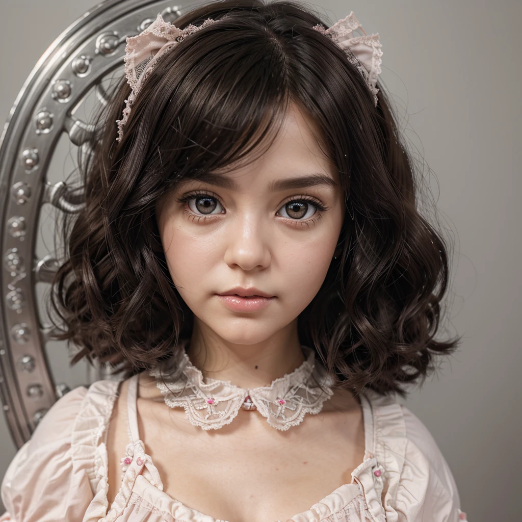 Blythe the doll with brown eyes and has short black hair and wavy hair, little faery doll, shiny eyes, in the style of carl zeiss distagon t* 80mm f/2.8ze, dollcore, light pink and grey, meticulous design