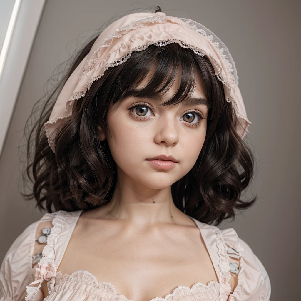 Blythe the doll with brown eyes and has short black hair and wavy hair, little faery doll, shiny eyes, in the style of carl zeiss distagon t* 80mm f/2.8ze, dollcore, light pink and grey, meticulous design