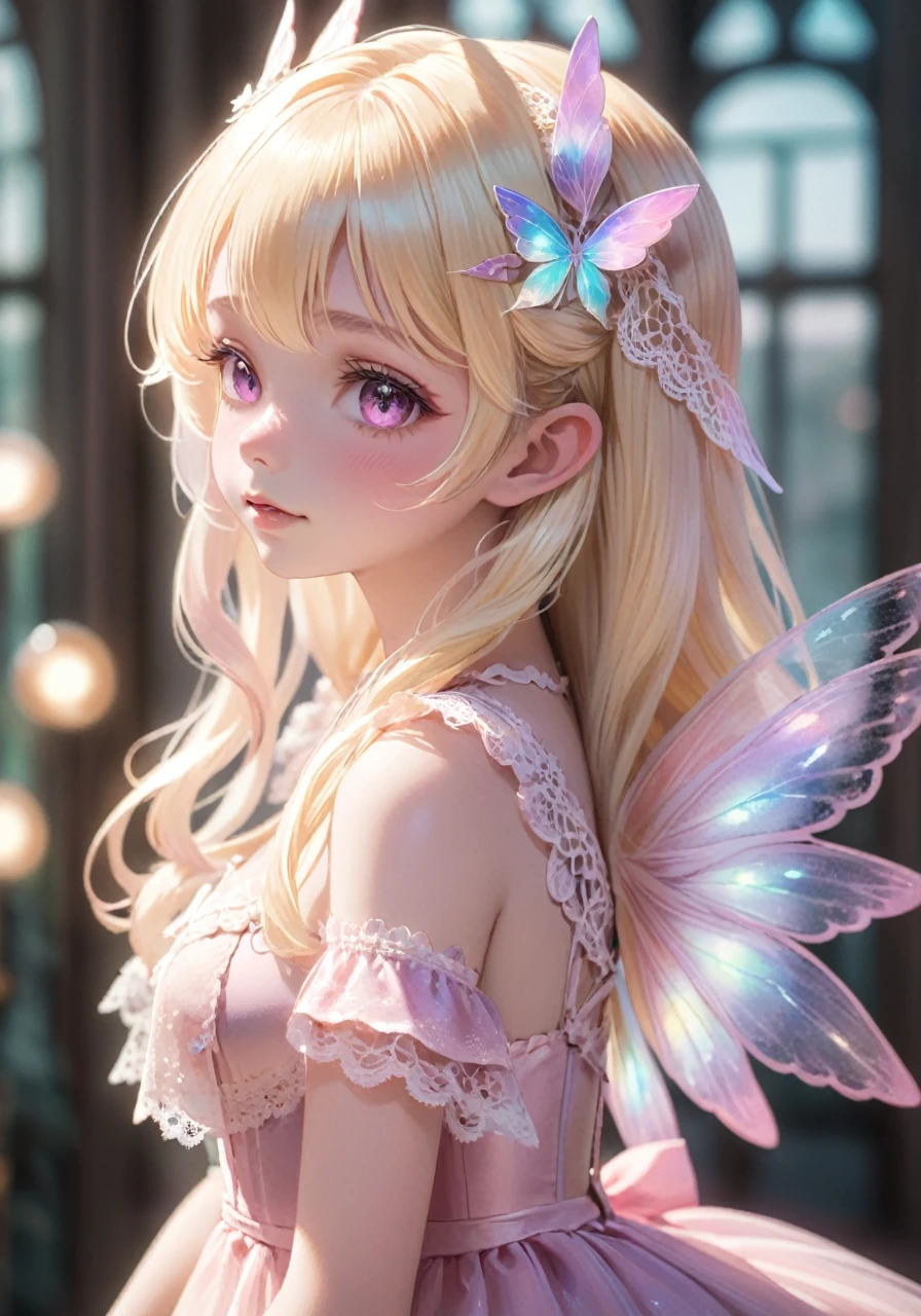 highres, best quality, girl, 1girl, fairy girl, iridescent fairy wings, blonde hair, blurry background, blush, partly up hair, depth of field, hair between eyes, long hair, looking at viewer, parted lips, profile, lace lolita dress, solo, upper body, pink tones