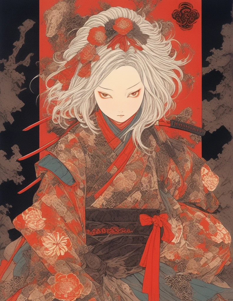 A vibrant and colorful illustration of an anime-style female samurai character with white hair, holding her sword in front of her face. She is wearing traditional Japanese adorned with floral patterns, a backdrop filled with colorful patterns representing ancient symbols and floral motifs. The background is richly detailed with geometric shapes that add depth to their figure's presence., creating a whimsical atmosphere. The background features bold colors and intricate designs that add to the overall visual appeal. This artwork showcases vivid hues, intricate details on both attire and armor, capturing movement as she walks forward in the style of intricate details on both attire and armor, capturing movement as she walks forward, in the style of takato yamamoto ,